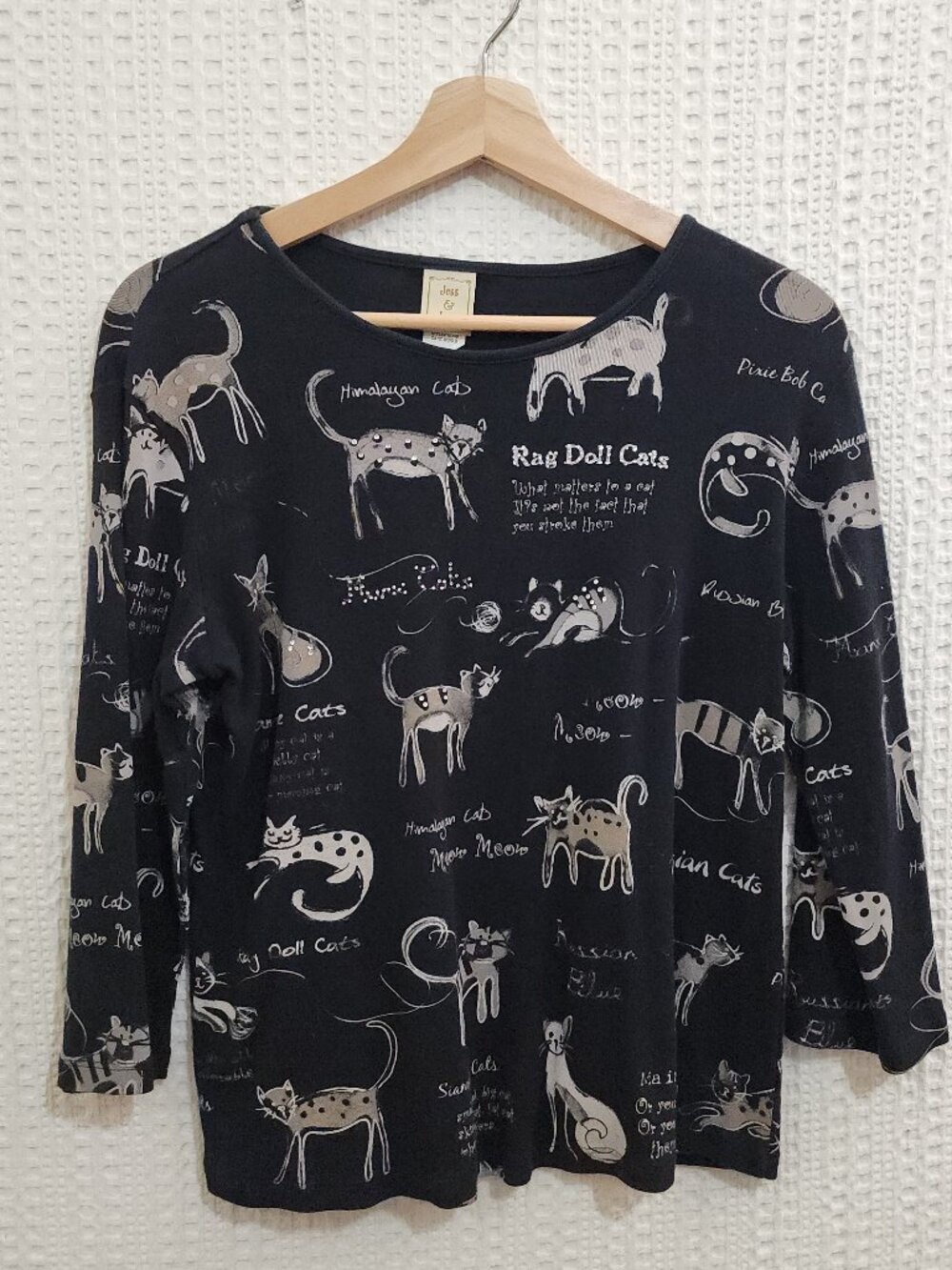 Vintage Jess & Jane Cat Print Top USA Small Black Artsy Graphic Tee - Picture 2 of 12